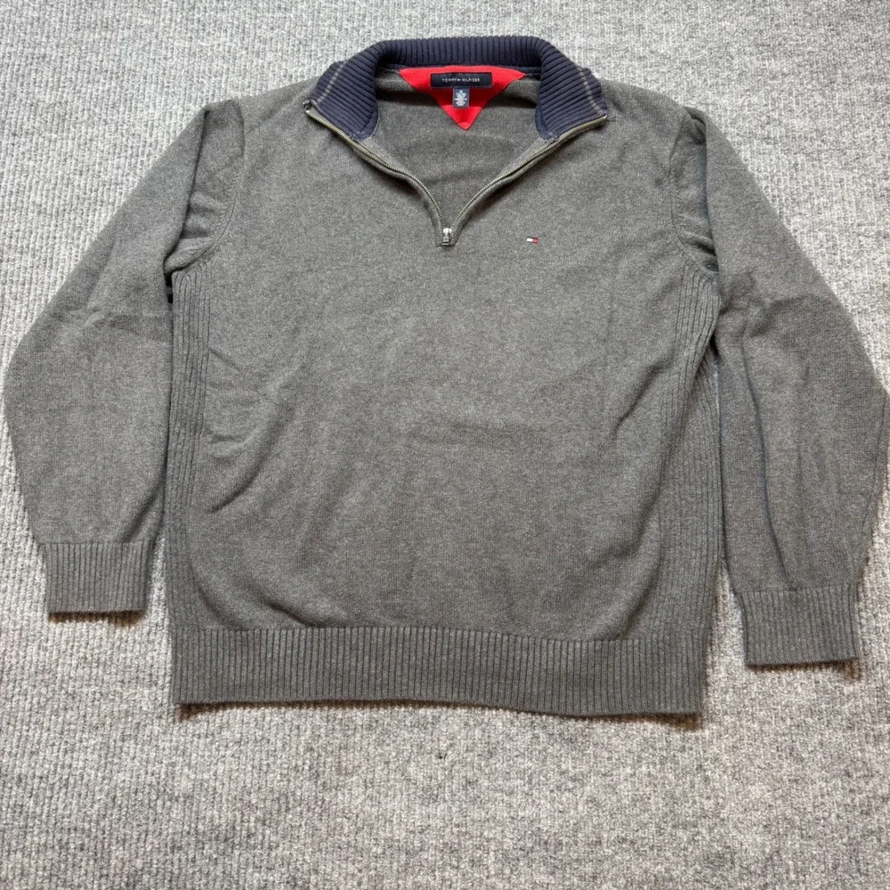Tommy Hilfiger Mens XL Gray 1/4‎ Zip Cotton Knit Pullover Sweater Mock Neck Logo